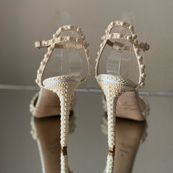 Like new Jimmy Choo Sacora 100 White Satin Sandals with All Over Pearls $1,950 - Picture 14 of 17